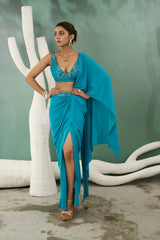 Firozi Blue Drape Saree Set