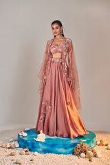 Salmon pink cutwork blouse applique lehenga
