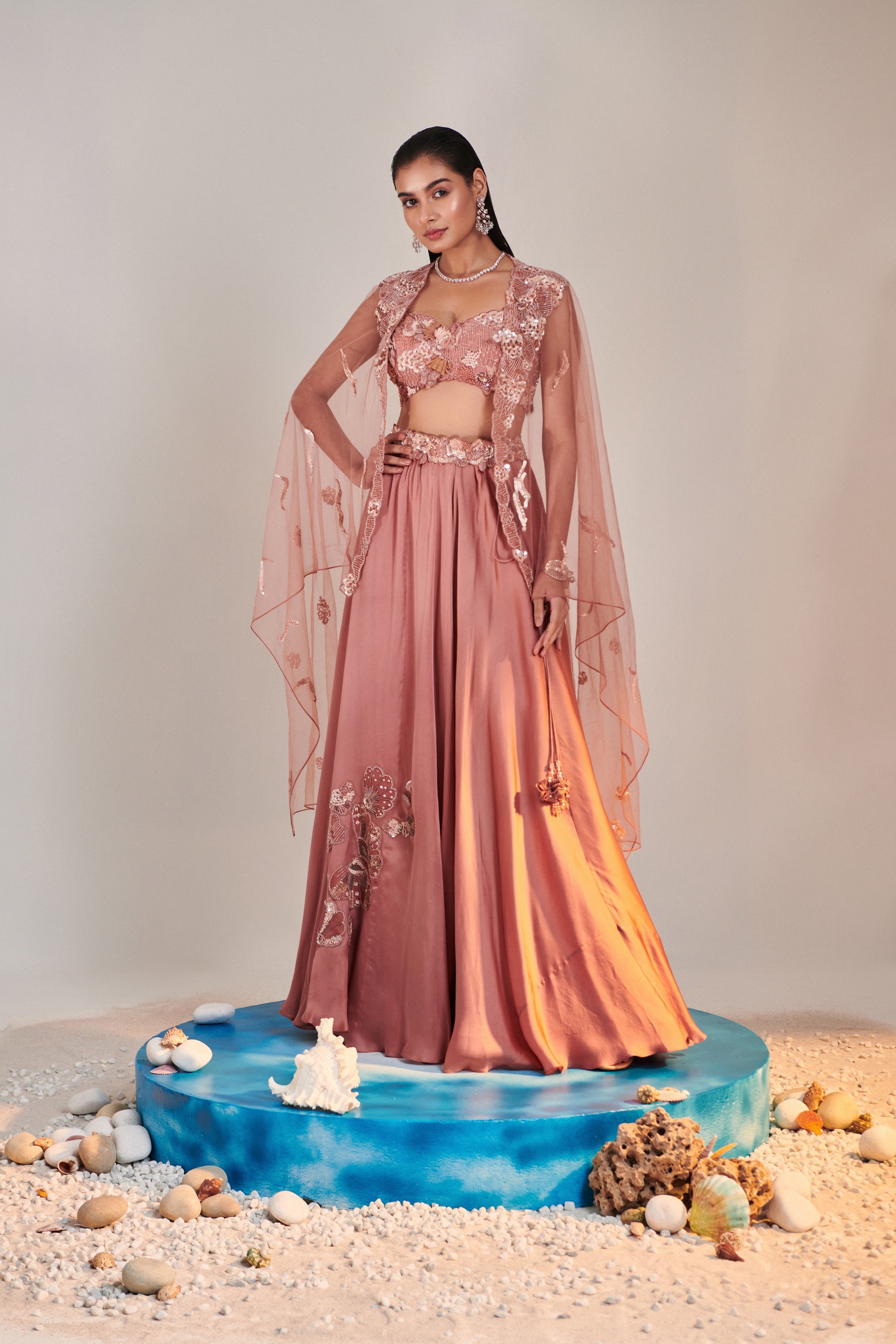 Salmon pink cutwork blouse applique lehenga