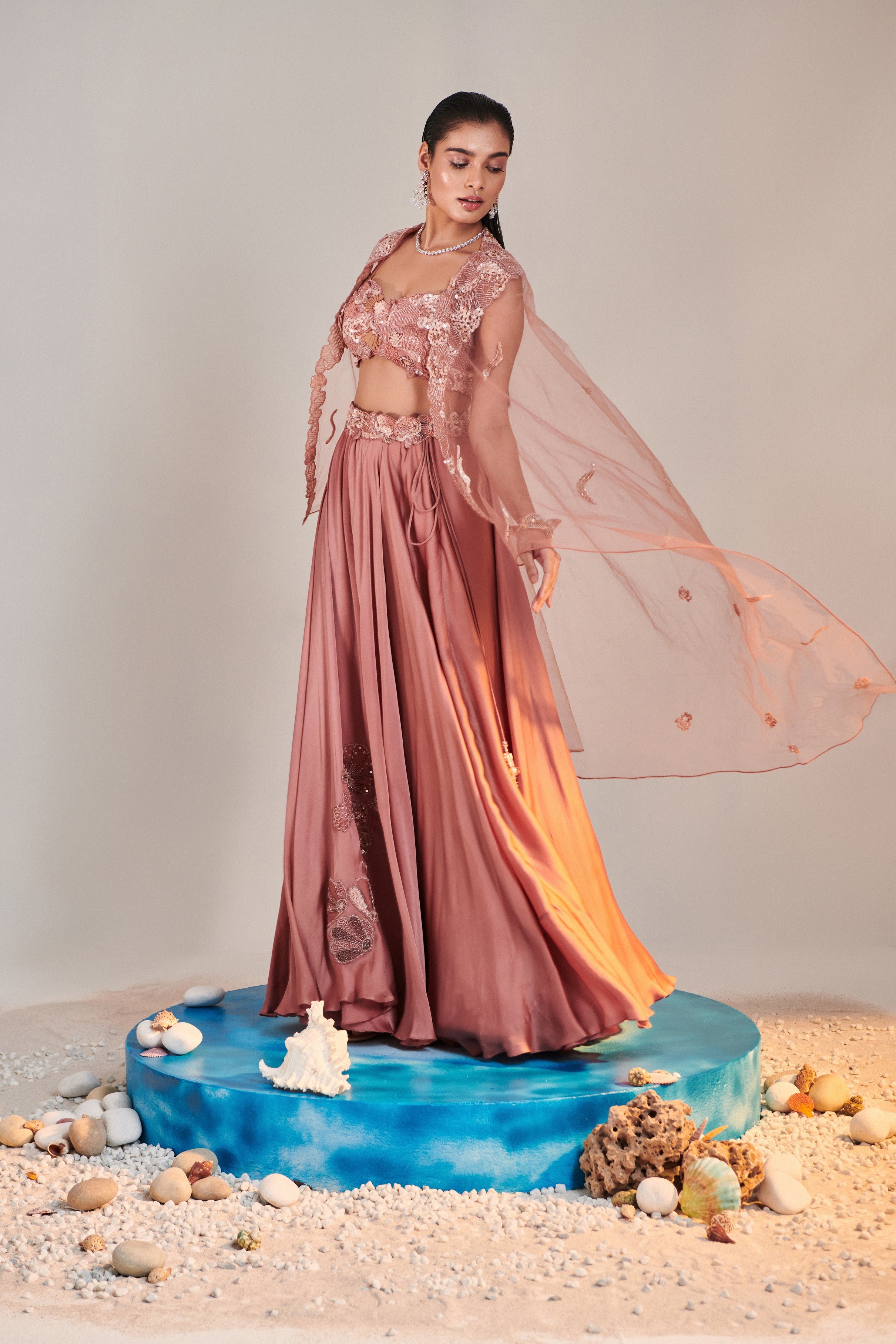 Salmon pink cutwork blouse applique lehenga