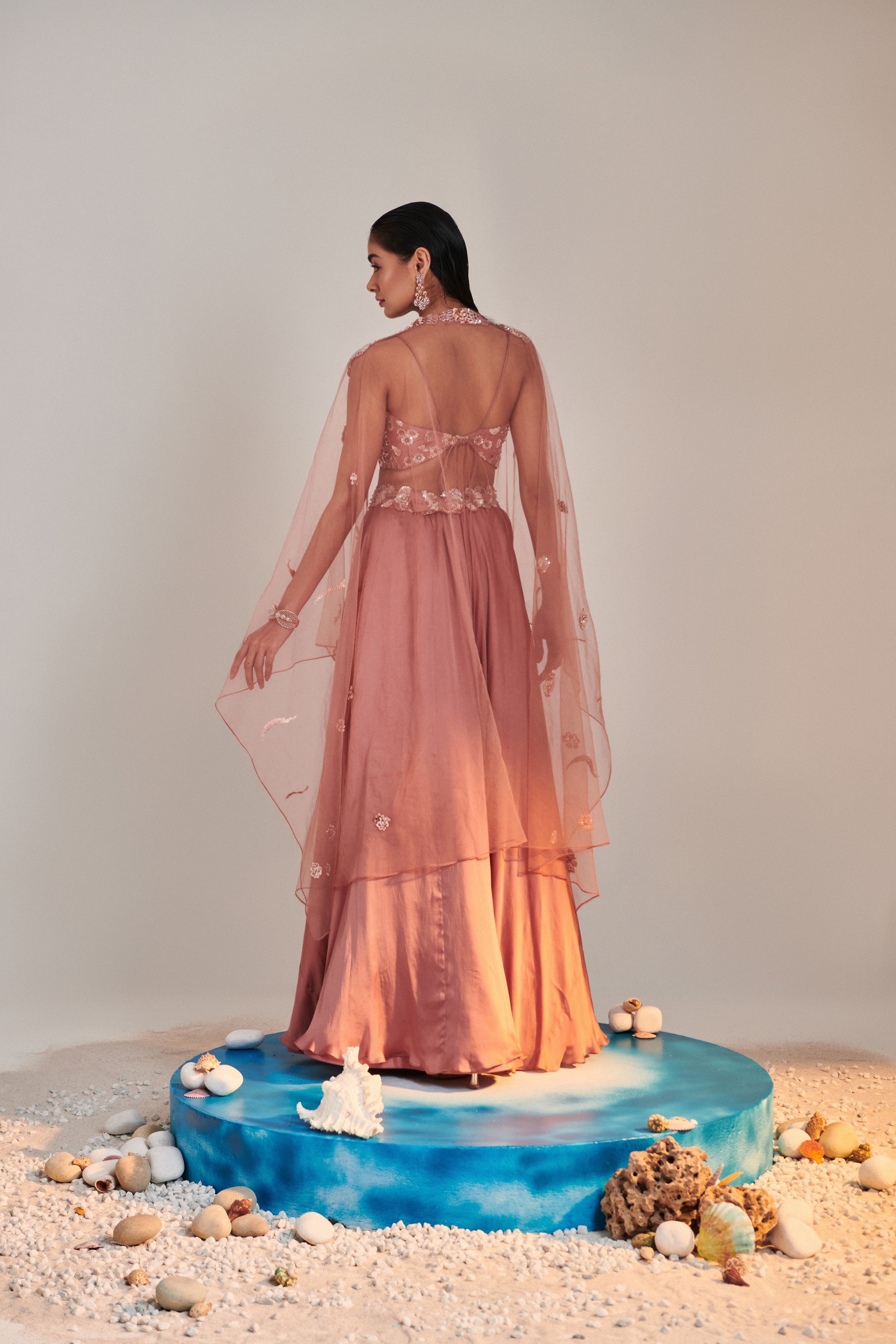 Salmon pink cutwork blouse applique lehenga