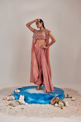 Salmon pink shawl collar cutwork cape and water effect embroidred blouse