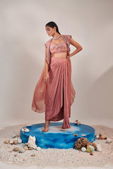 Salmon pink shawl collar cutwork cape and water effect embroidred blouse