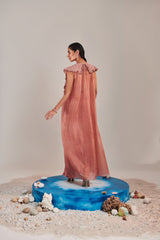 Salmon pink shawl collar cutwork cape and water effect embroidred blouse