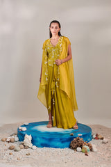 Satin organza cape and fitted sleeveless jacket and drape skirt set
