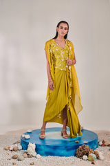 Satin organza cape and fitted sleeveless jacket and drape skirt set