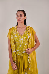 Satin organza cape and fitted sleeveless jacket and drape skirt set