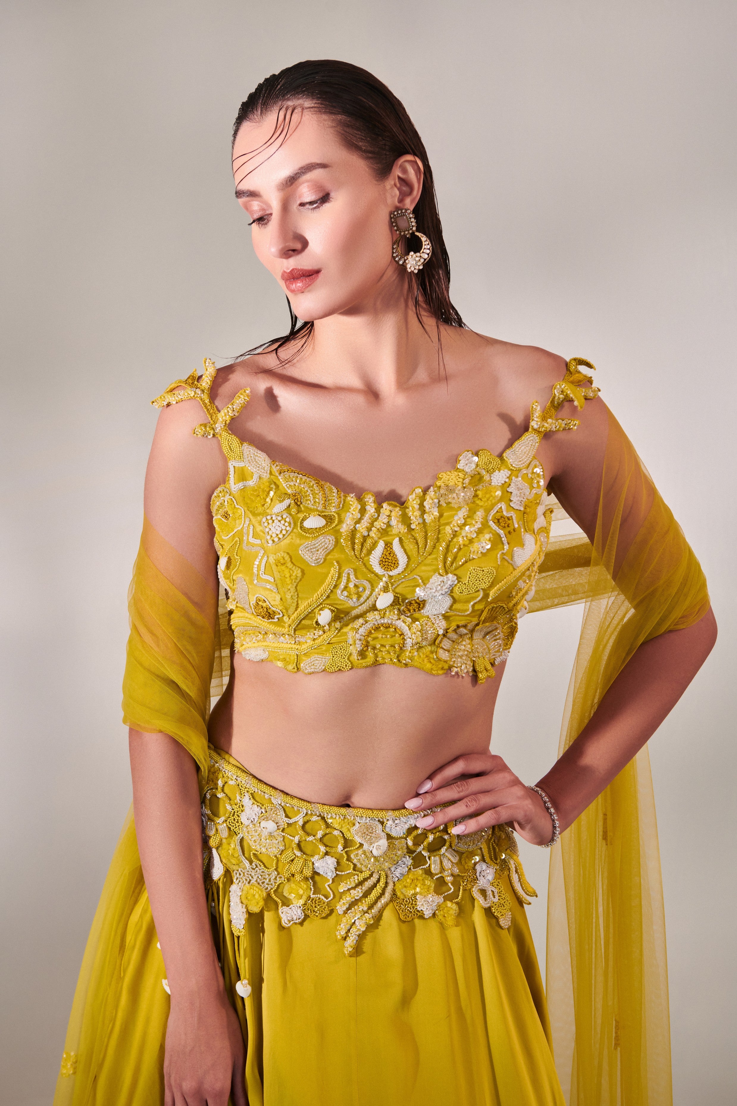 Off shoulder cutwork blouse lehenga Set