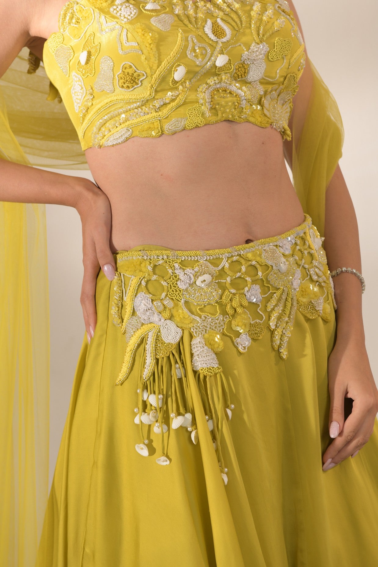 Off shoulder cutwork blouse lehenga Set