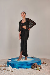 hand embroidered scallop short cape; asymmetric drape slit skirt; broad asymmetric waistbelt