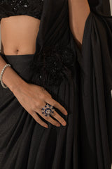 fuss-free pre-stitched drape saree; hand embroidered blouse and feather detailing