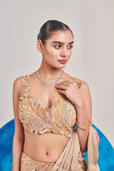 Champagne gold pre stitch, hand pleated drape saree set