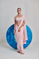 Soft pink ombre gradient pre stitch hand embroider drape saree