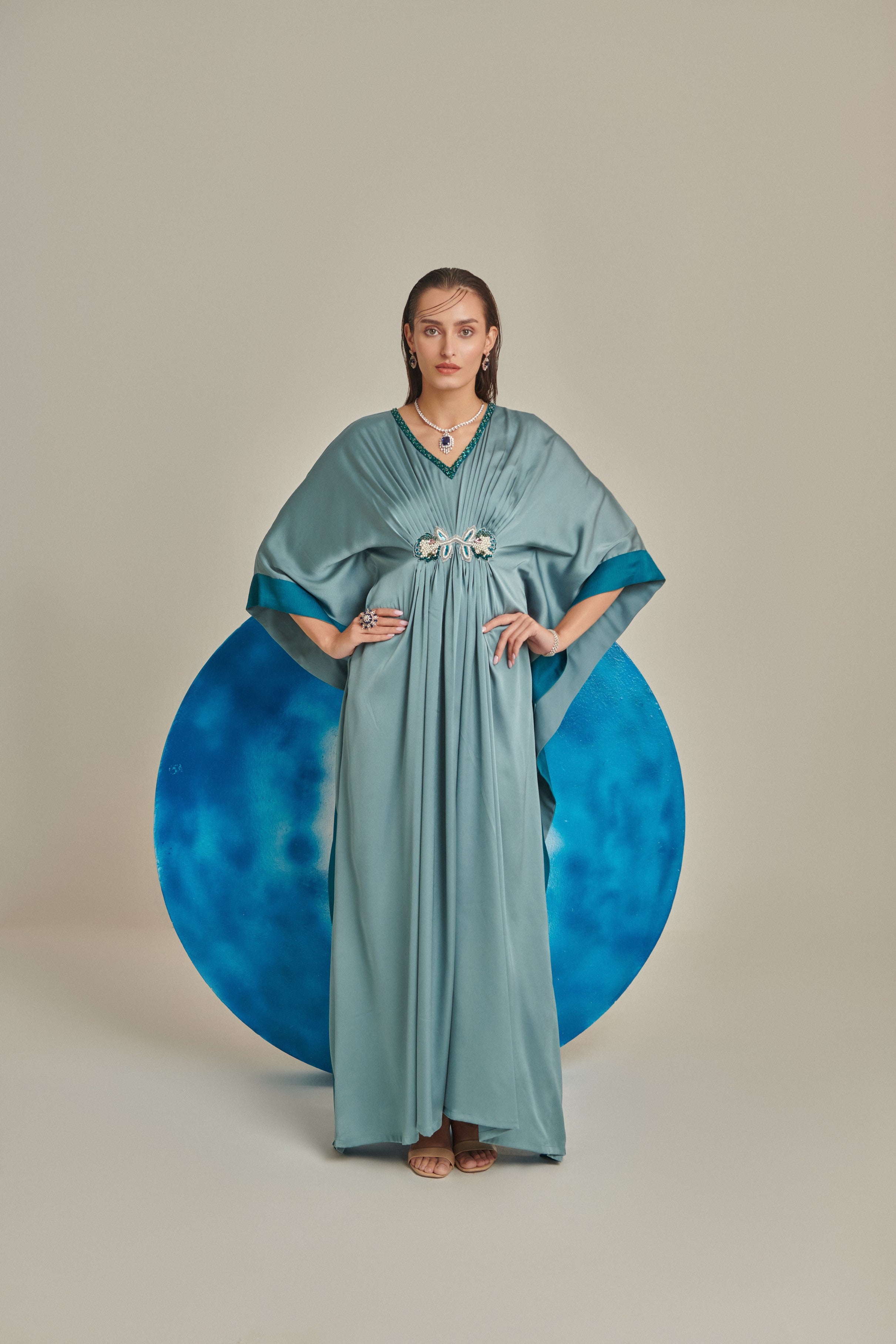 Sea green kaftan hand embellished