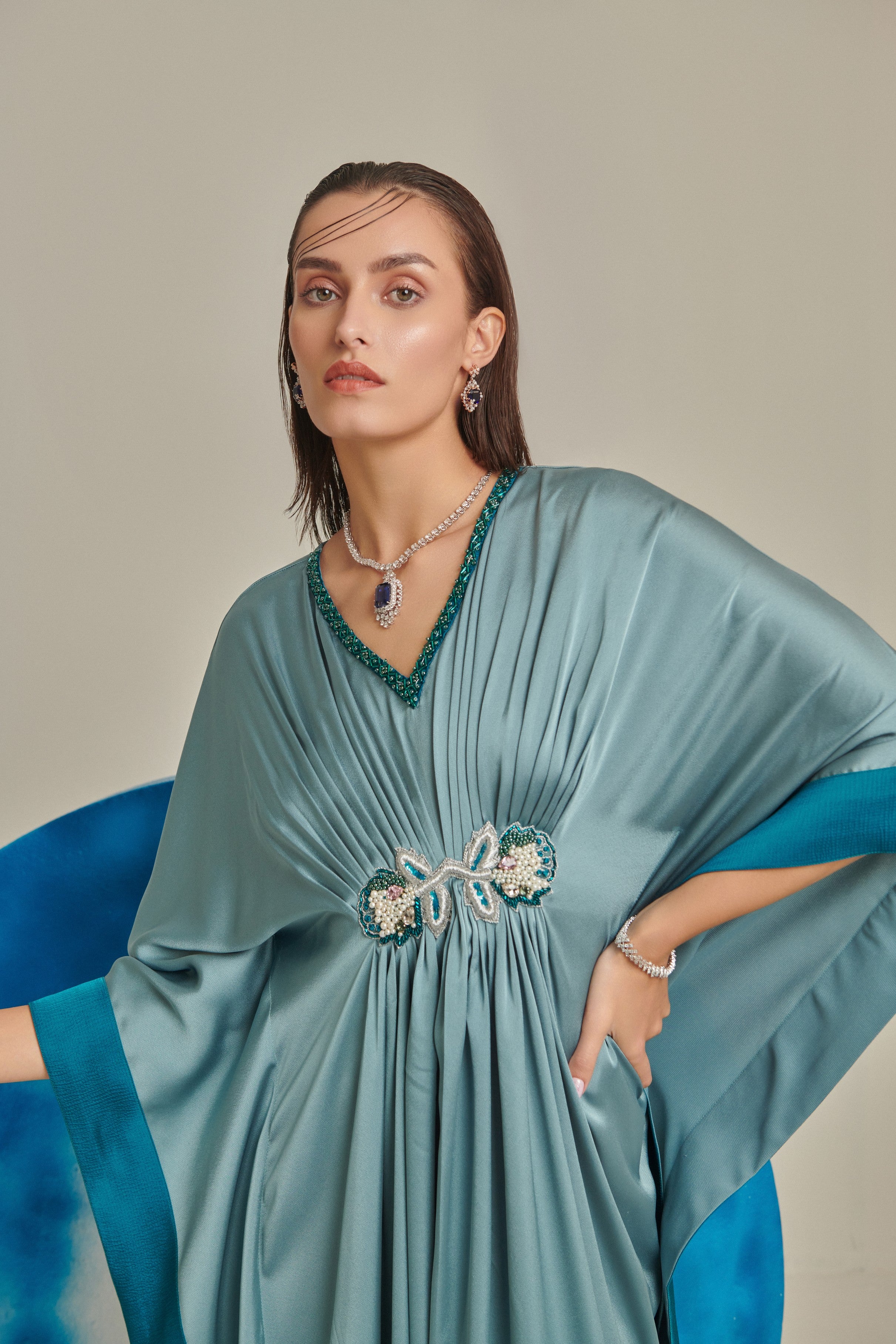 Sea green kaftan hand embellished