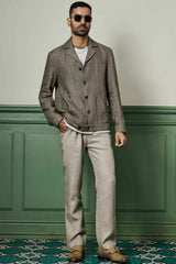 Brown Houndstooth Linen Cuban Collar Jacket