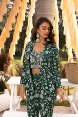 Bottle green printed pant suit