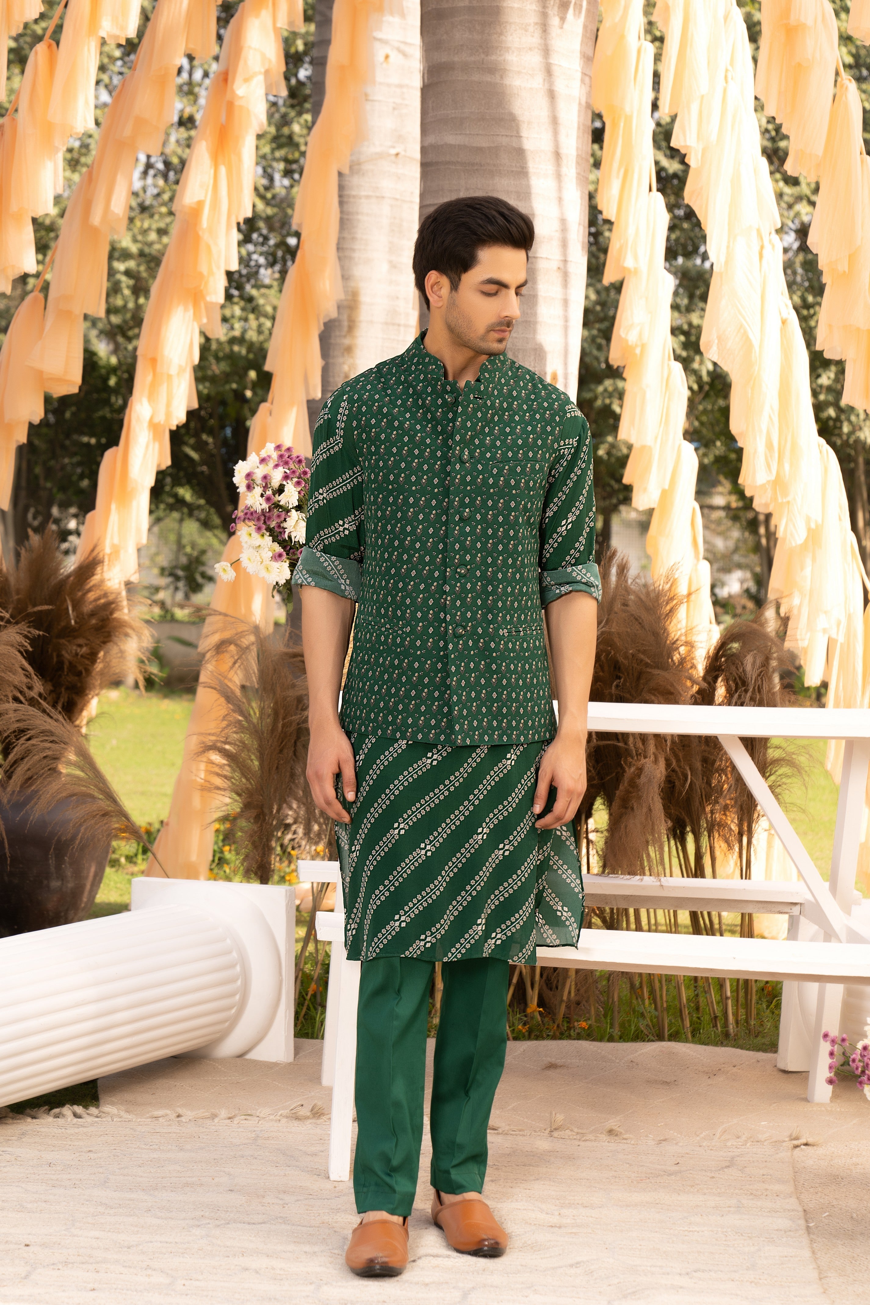 Bottle green printed bundi set
