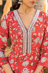 Red printed peplum top with organza skirt