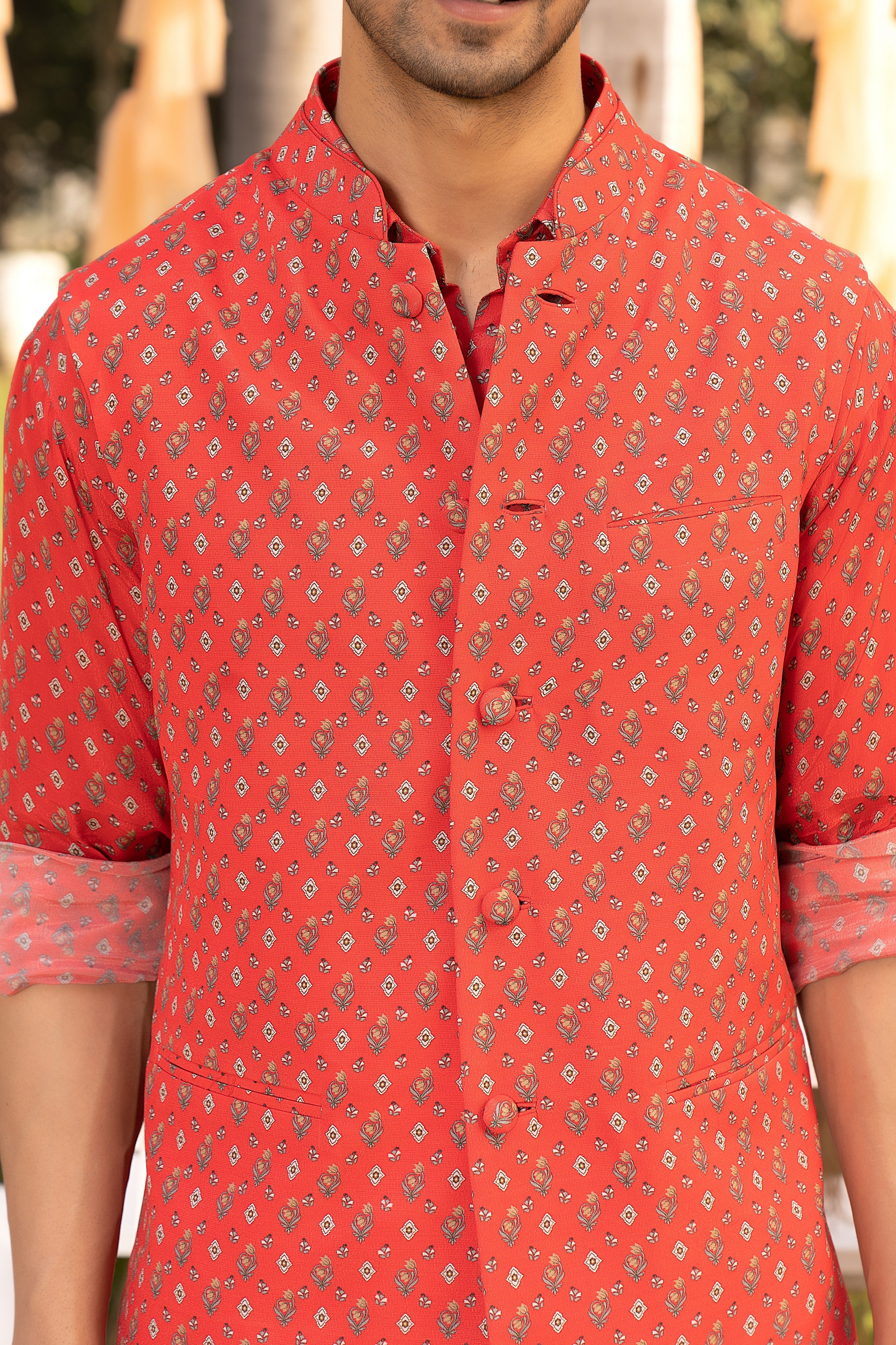 Red bootie printed kurta set