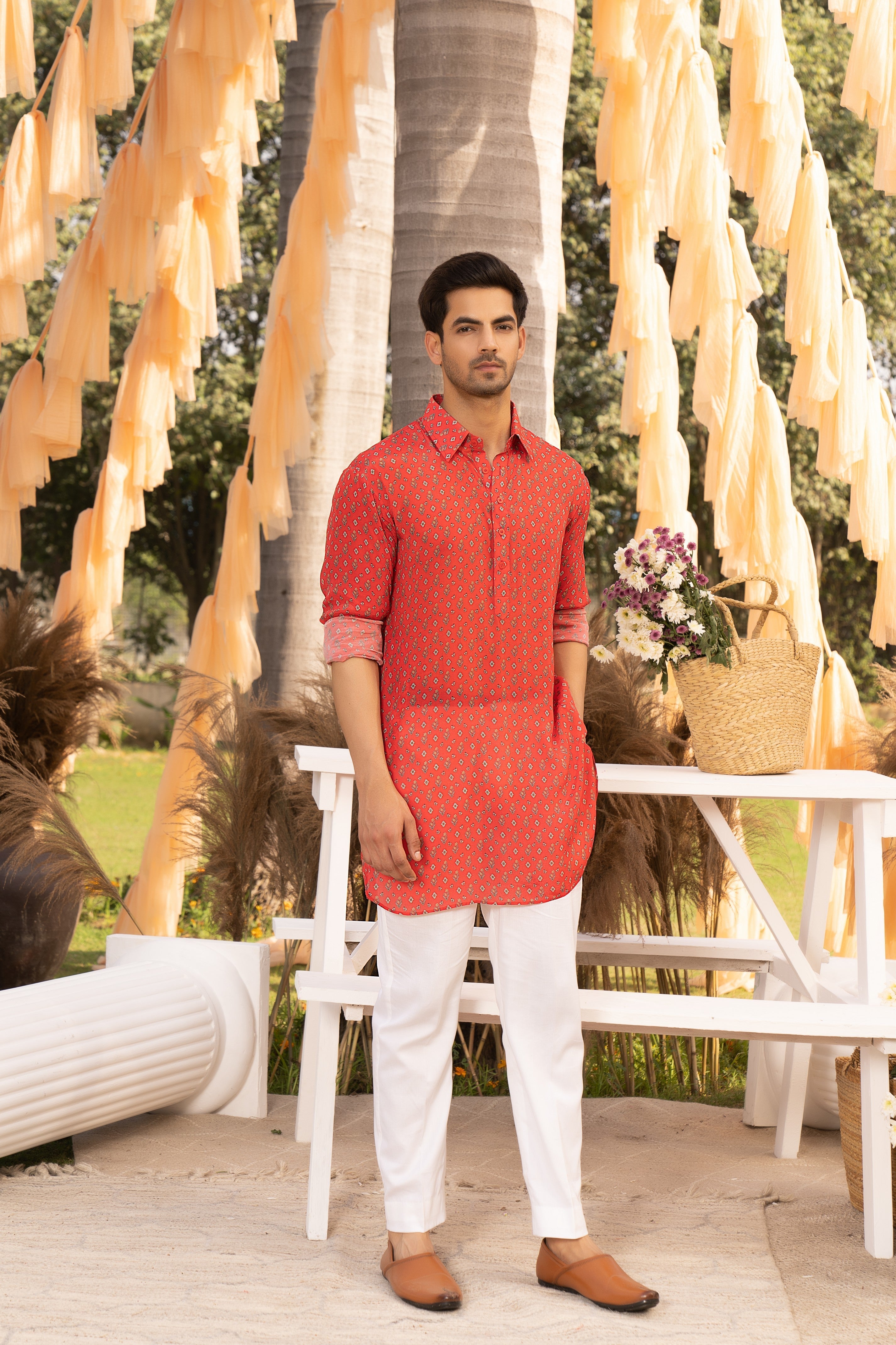 Red bootie printed kurta set