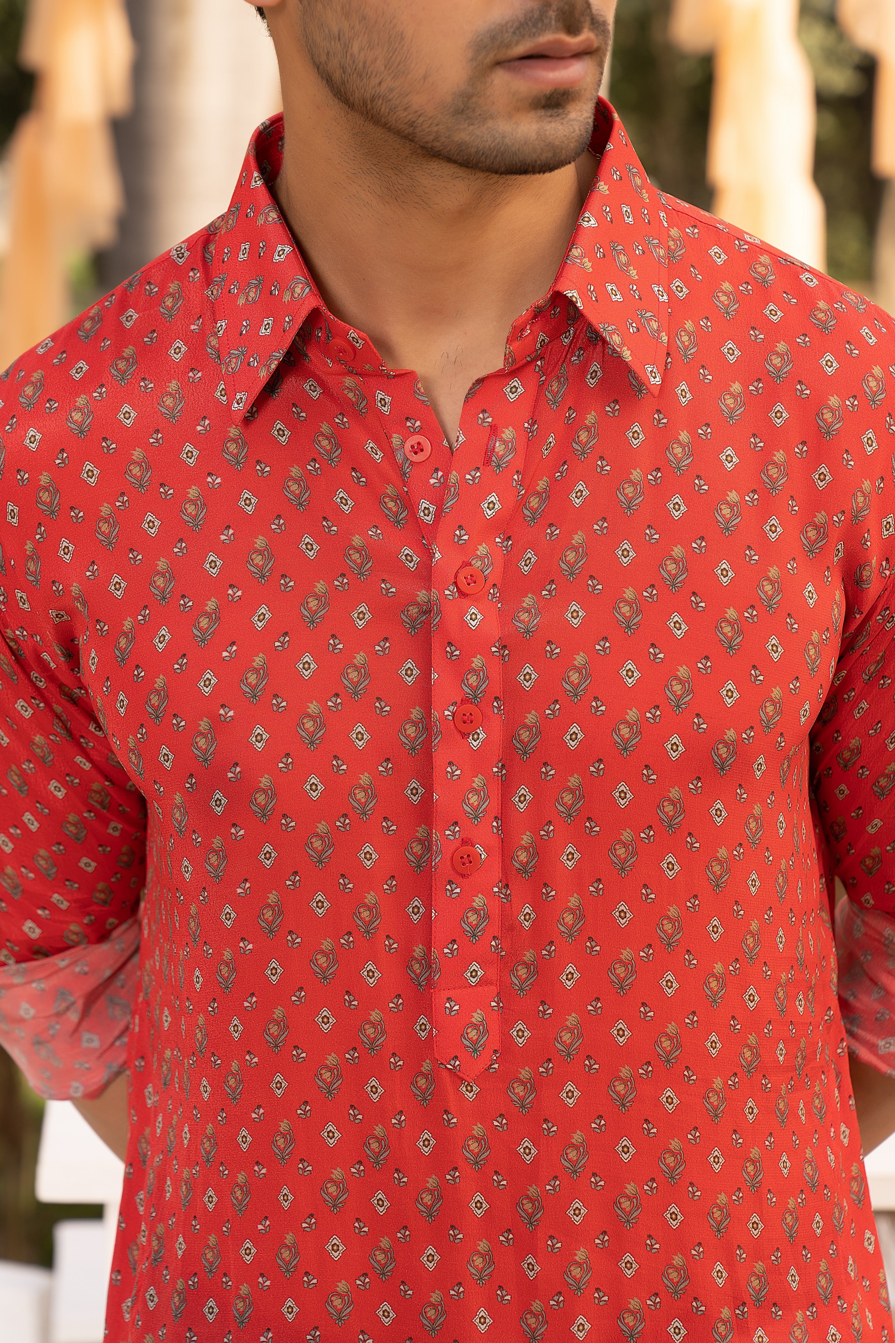 Red bootie printed kurta set