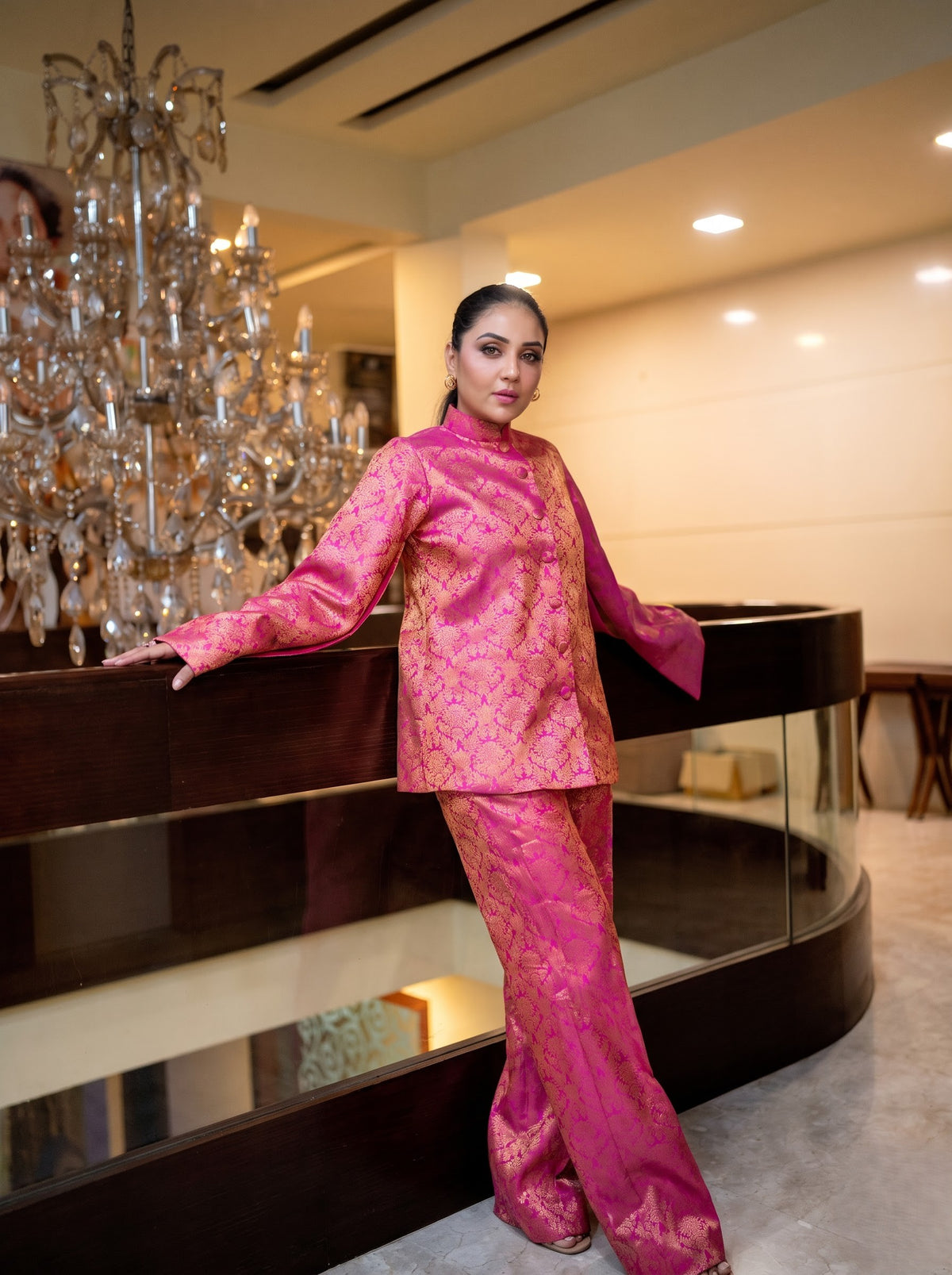 Jodha Banarasi Cape: Women's Fuchsia Gold Floral Indowestern Wear