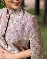 Ahilya Banarasi Cape: Women's Maroon Gold Floral Indowestern Wear