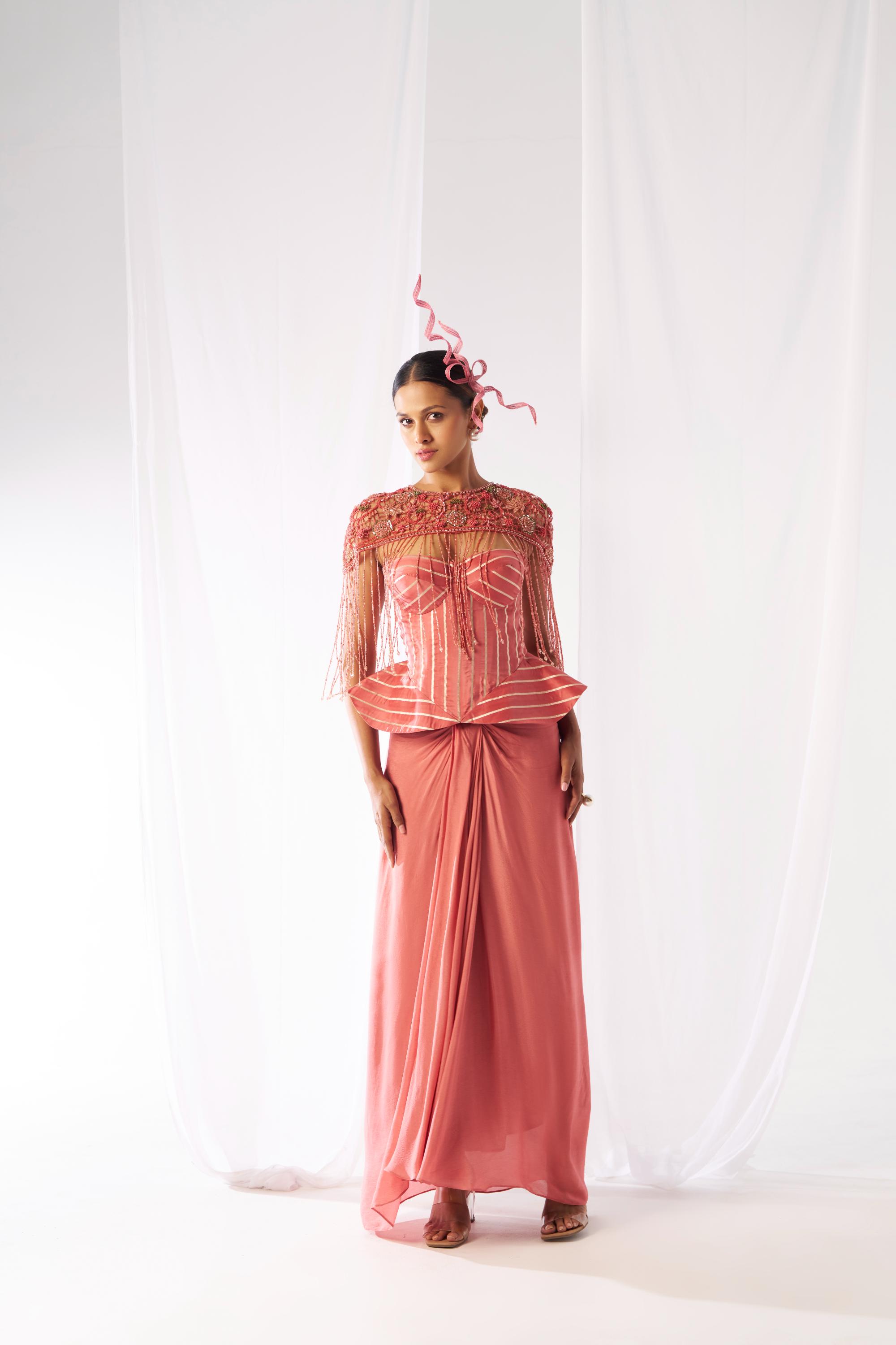 Prasanna- Draped skirt, cape and corset set