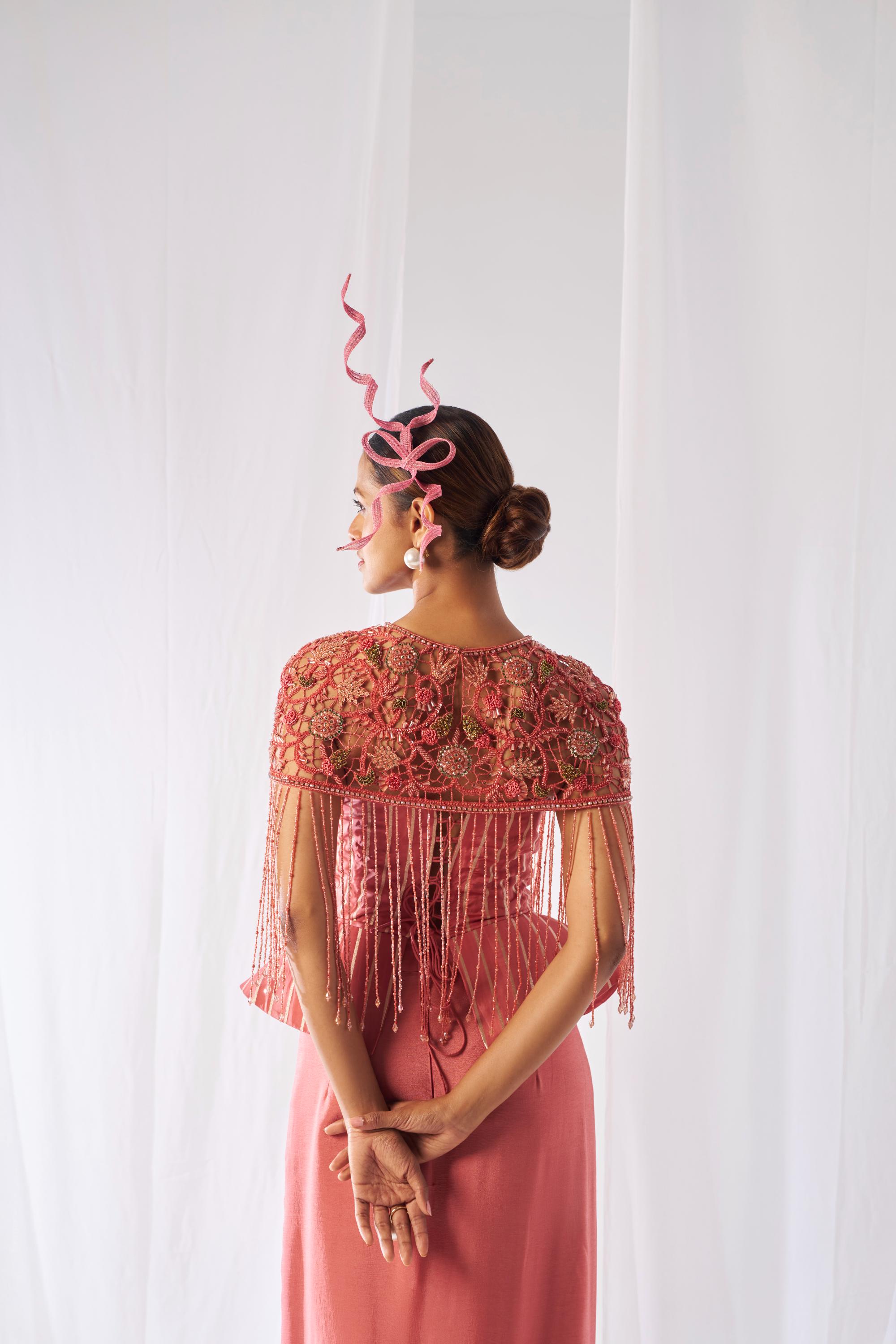Prasanna- Draped skirt, cape and corset set