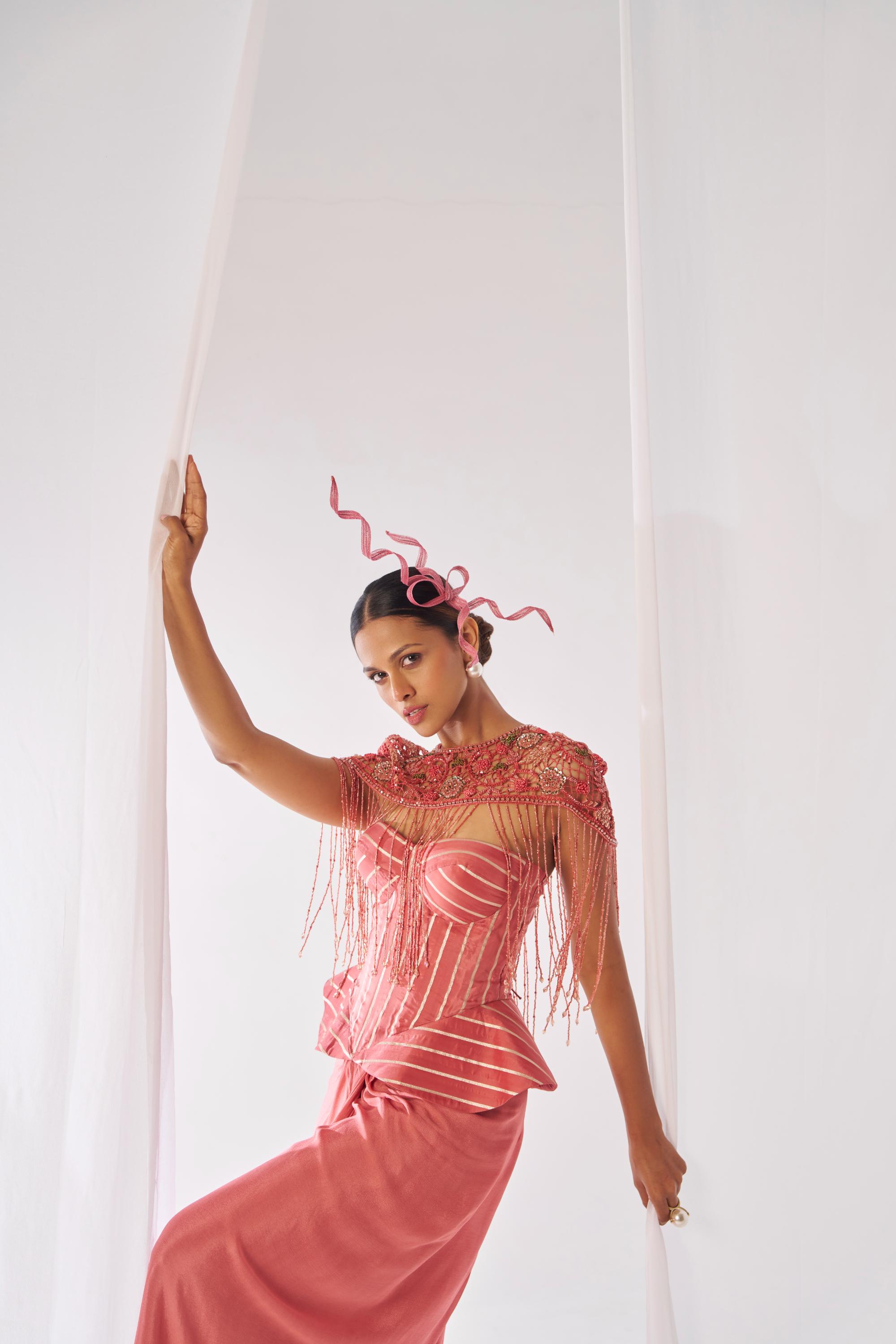 Prasanna- Draped skirt, cape and corset set