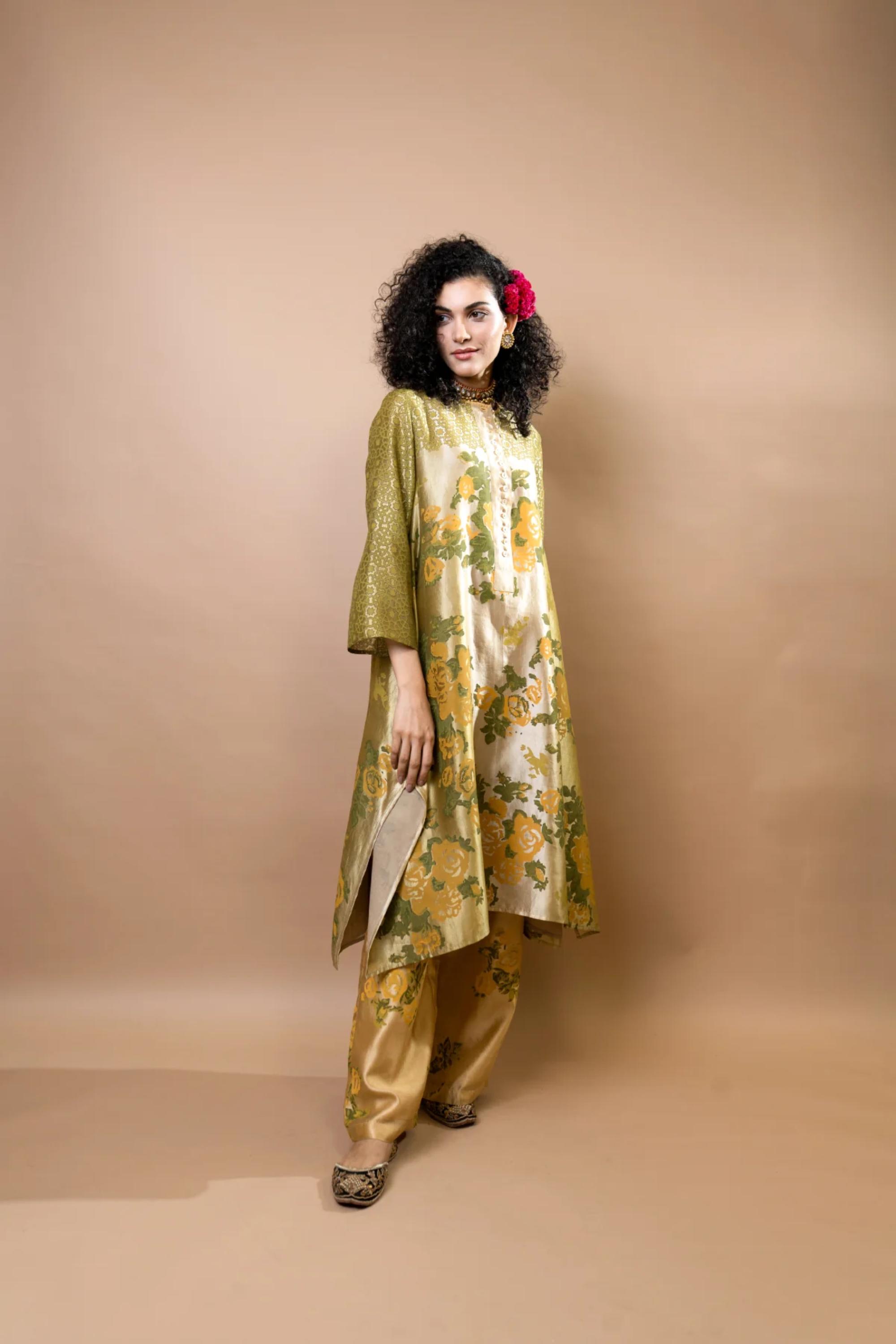 Olive block-printed long tunic with rosettes