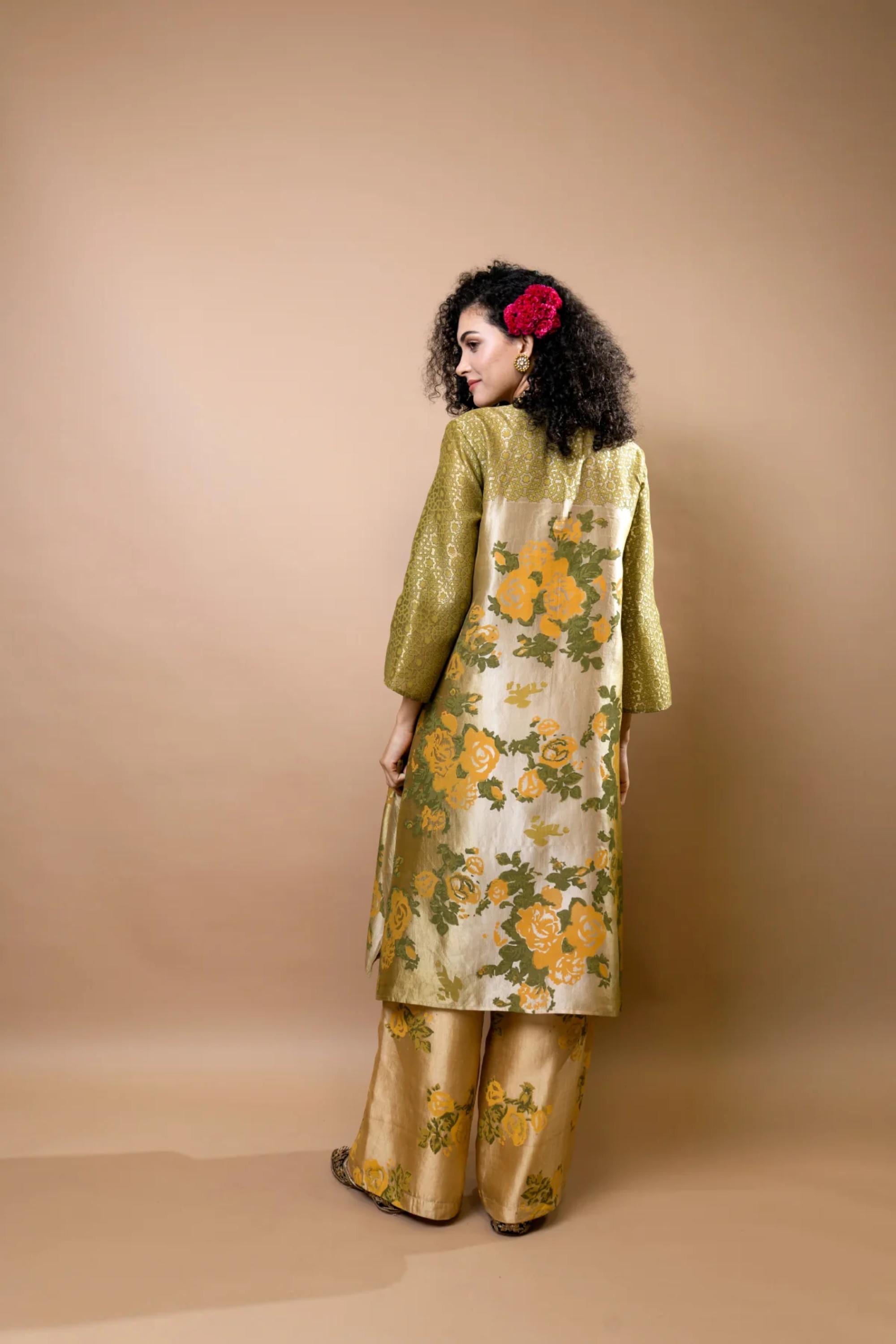 Olive block-printed long tunic with rosettes