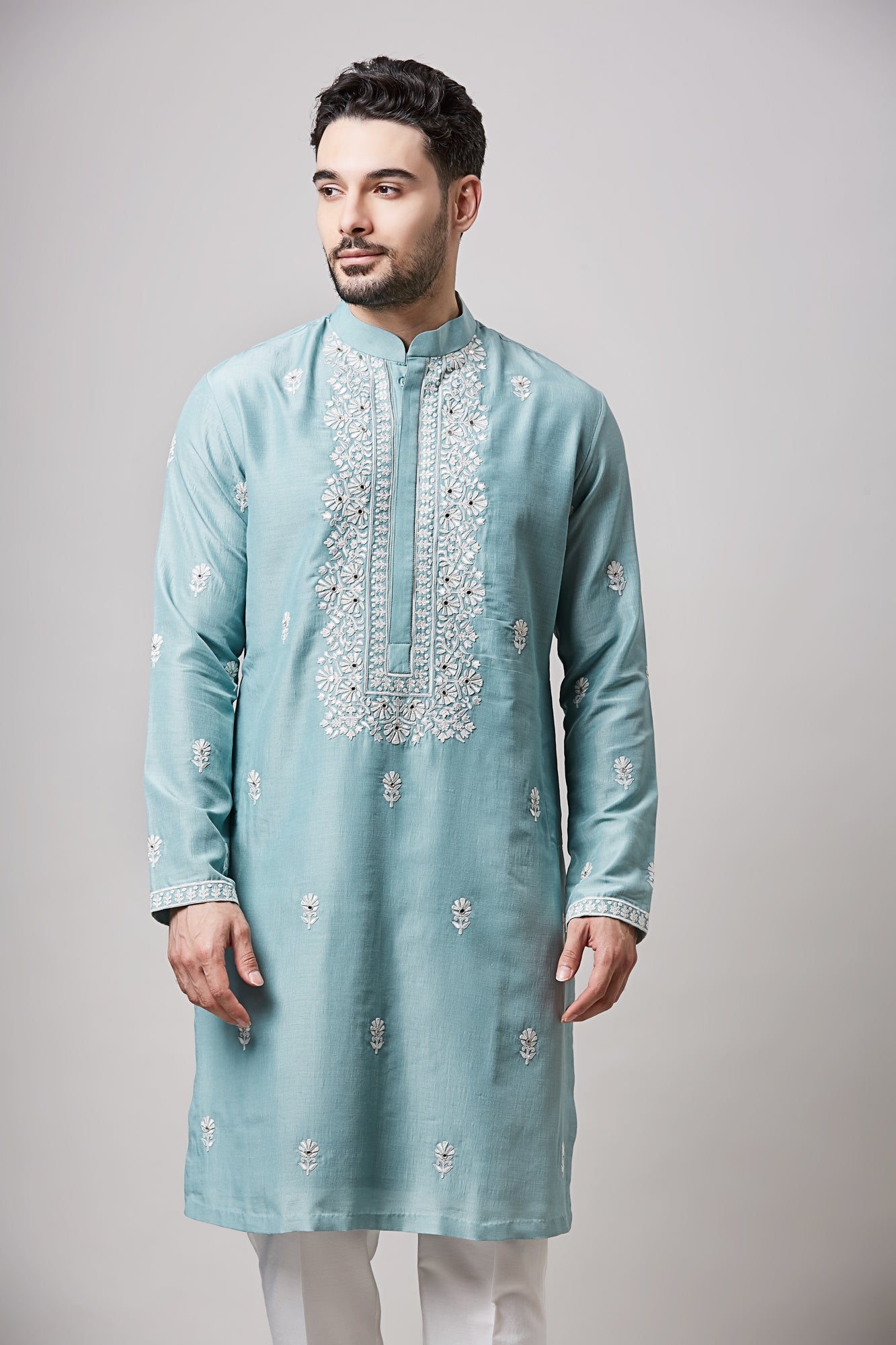 BLUE SOY SILK MIRROR WORK KURTA SET