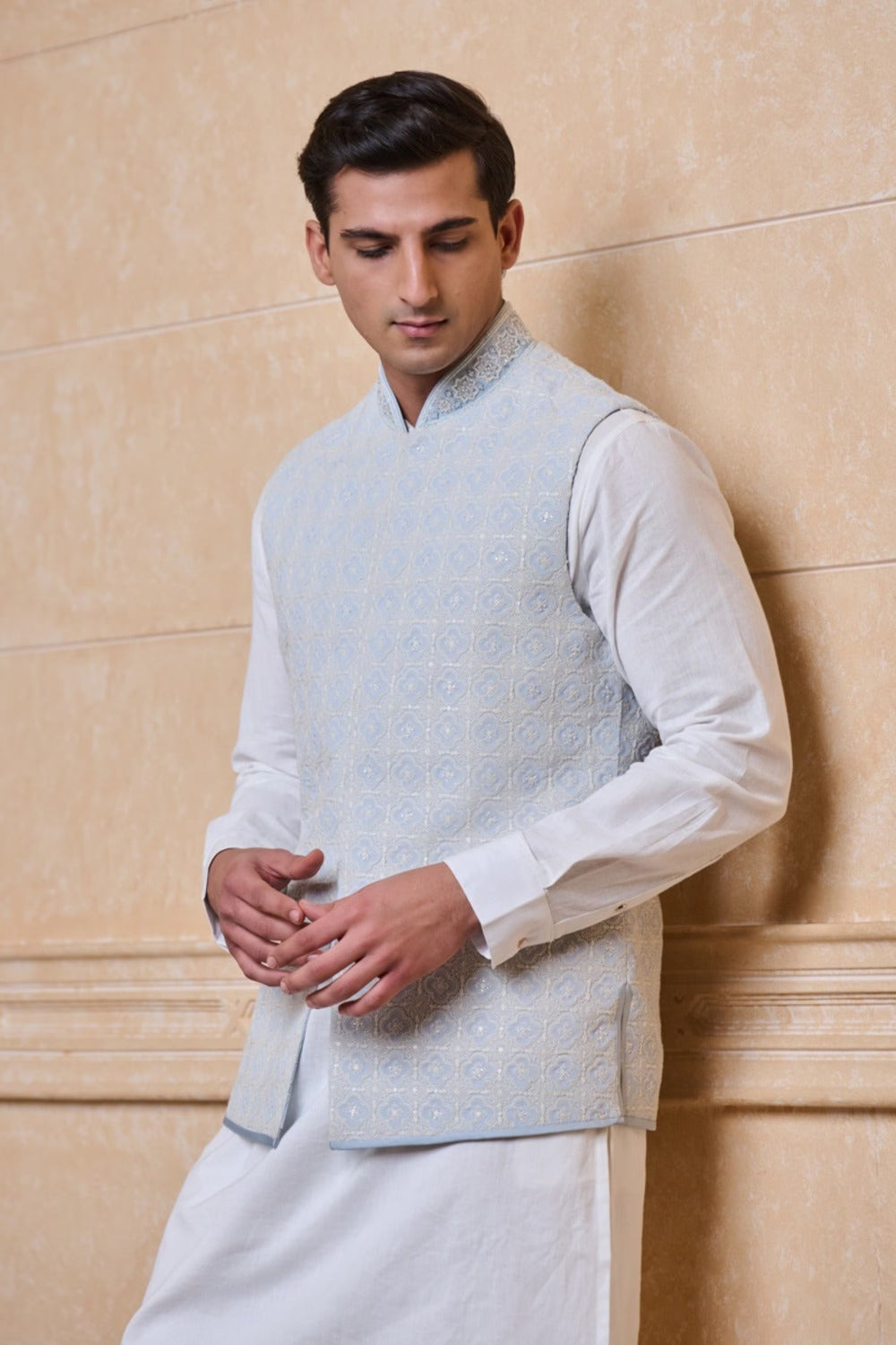 Light Blue Georgette Embroidered Single Bundi