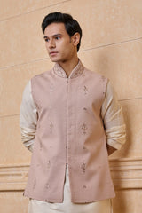 Peach Linen Bundi With All Over Embroidery