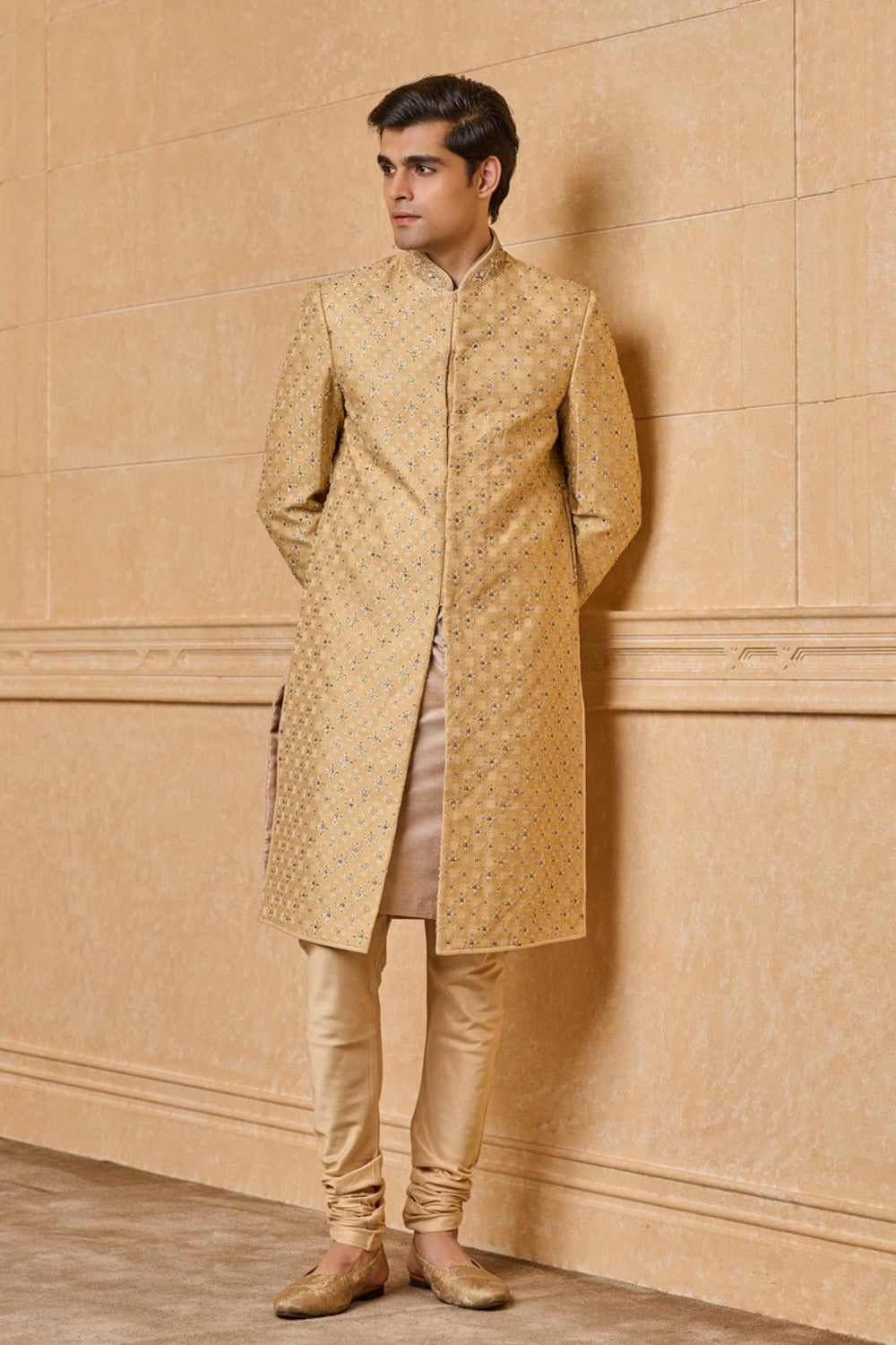 Gold Brocade Sherwani With Kundan Details