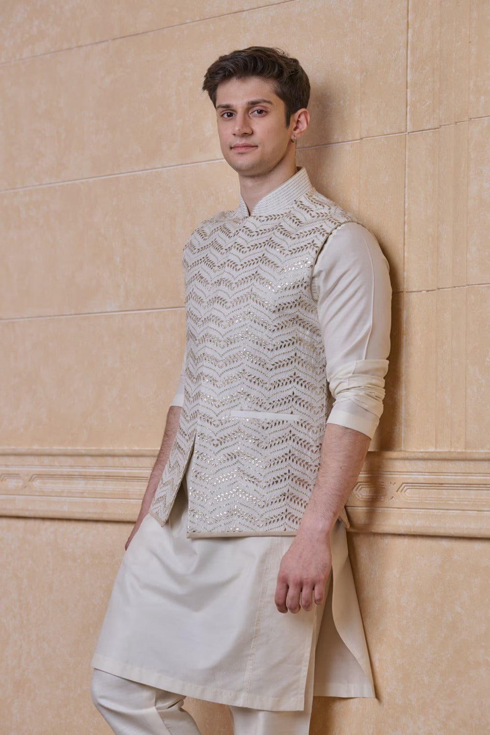 Ivory All Over Embroidered Single Bundi