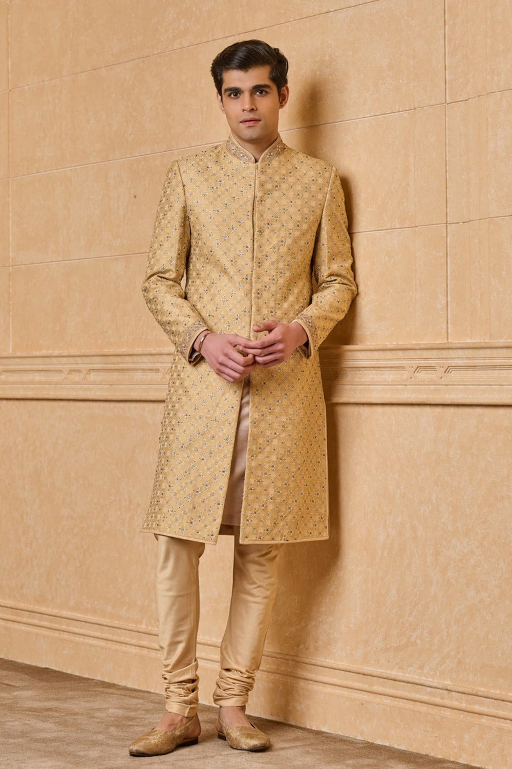 Gold Brocade Sherwani With Kundan Details