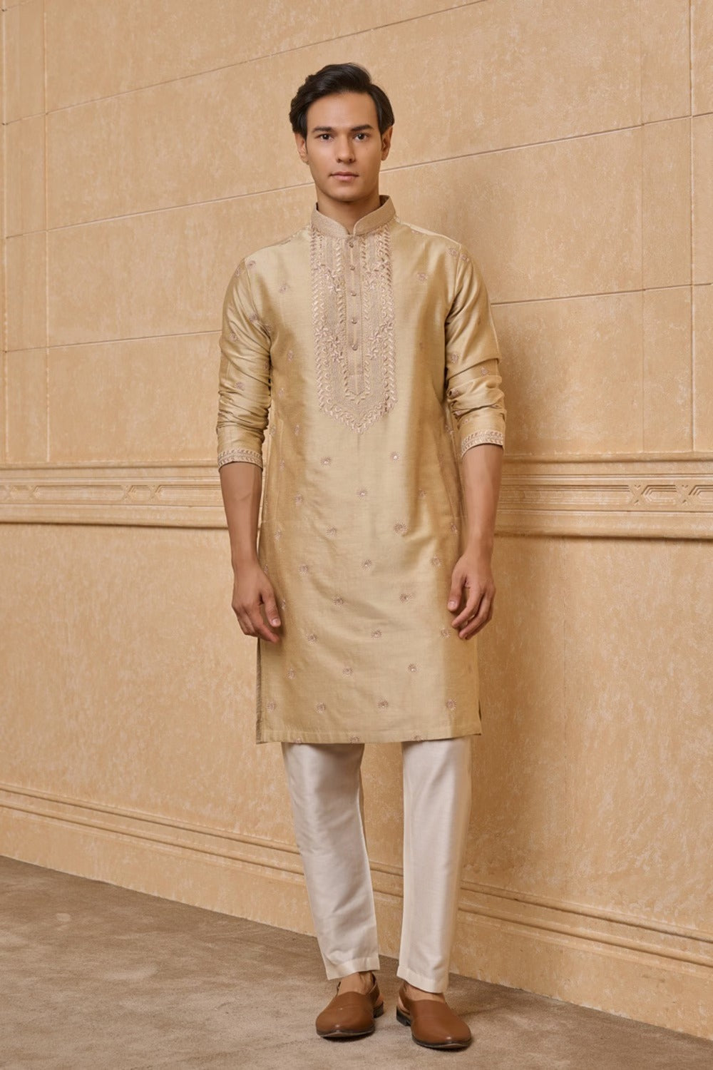 Beige All Over Embroidered Kurta Set
