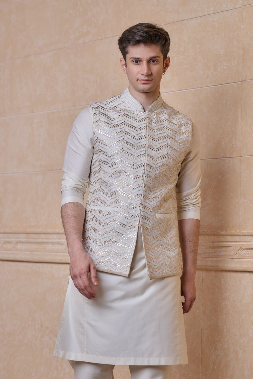 Ivory All Over Embroidered Single Bundi