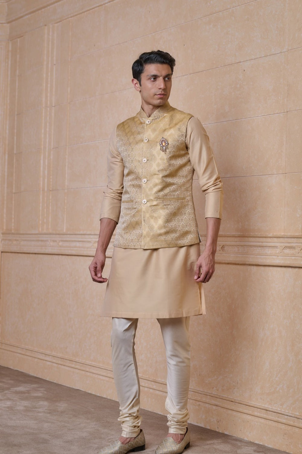 Gold Classic Brocade Kurta Bundi Set