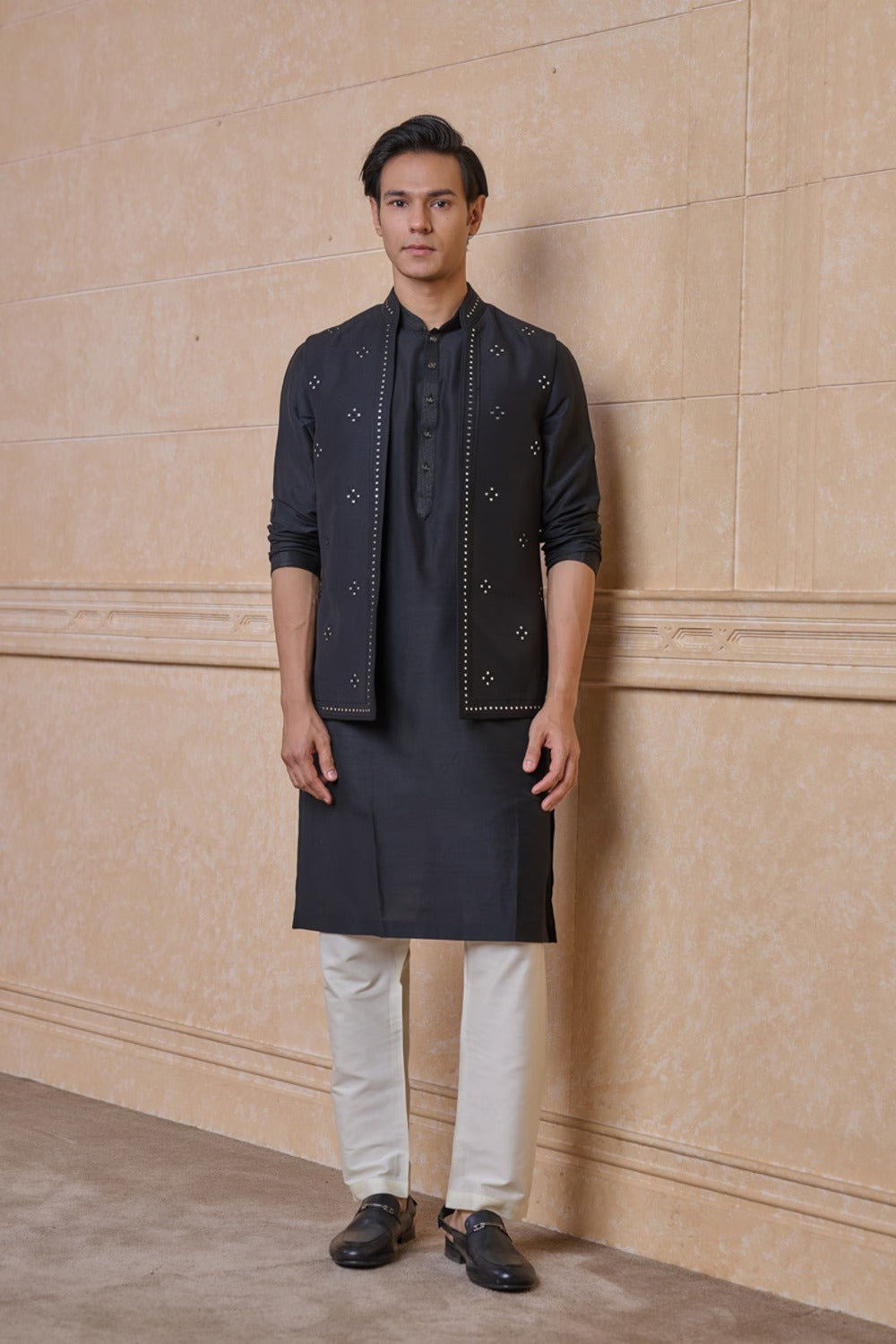 Black All Over Embroidered Kurta Bundi Set