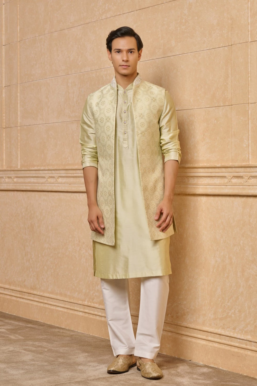 Light Green Long Open Kurta Bundi Set