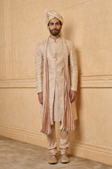 Resham and Zari Aari Embroidered Nude Sherwani