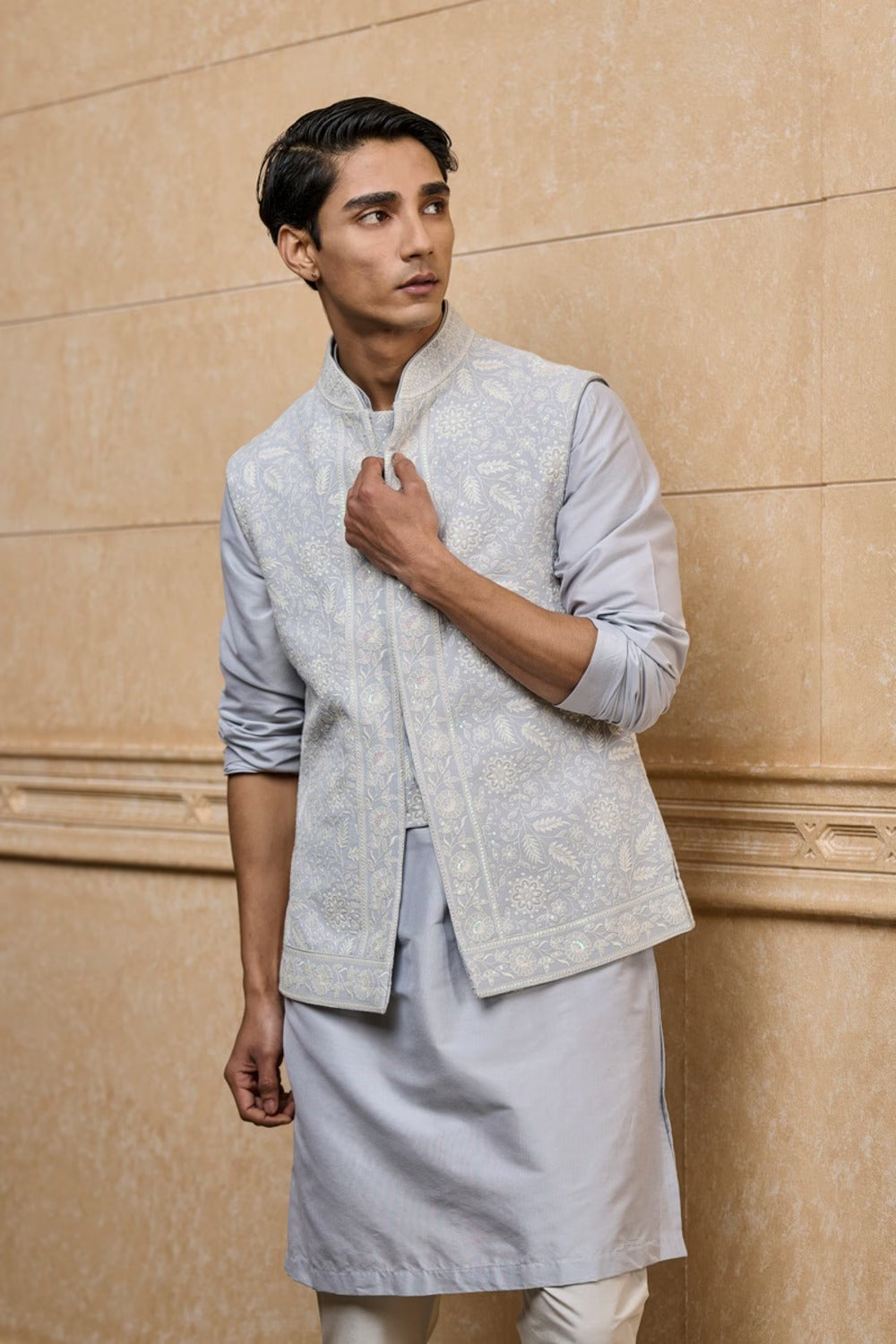 Light Blue Embroidered Kurta Bundi Set