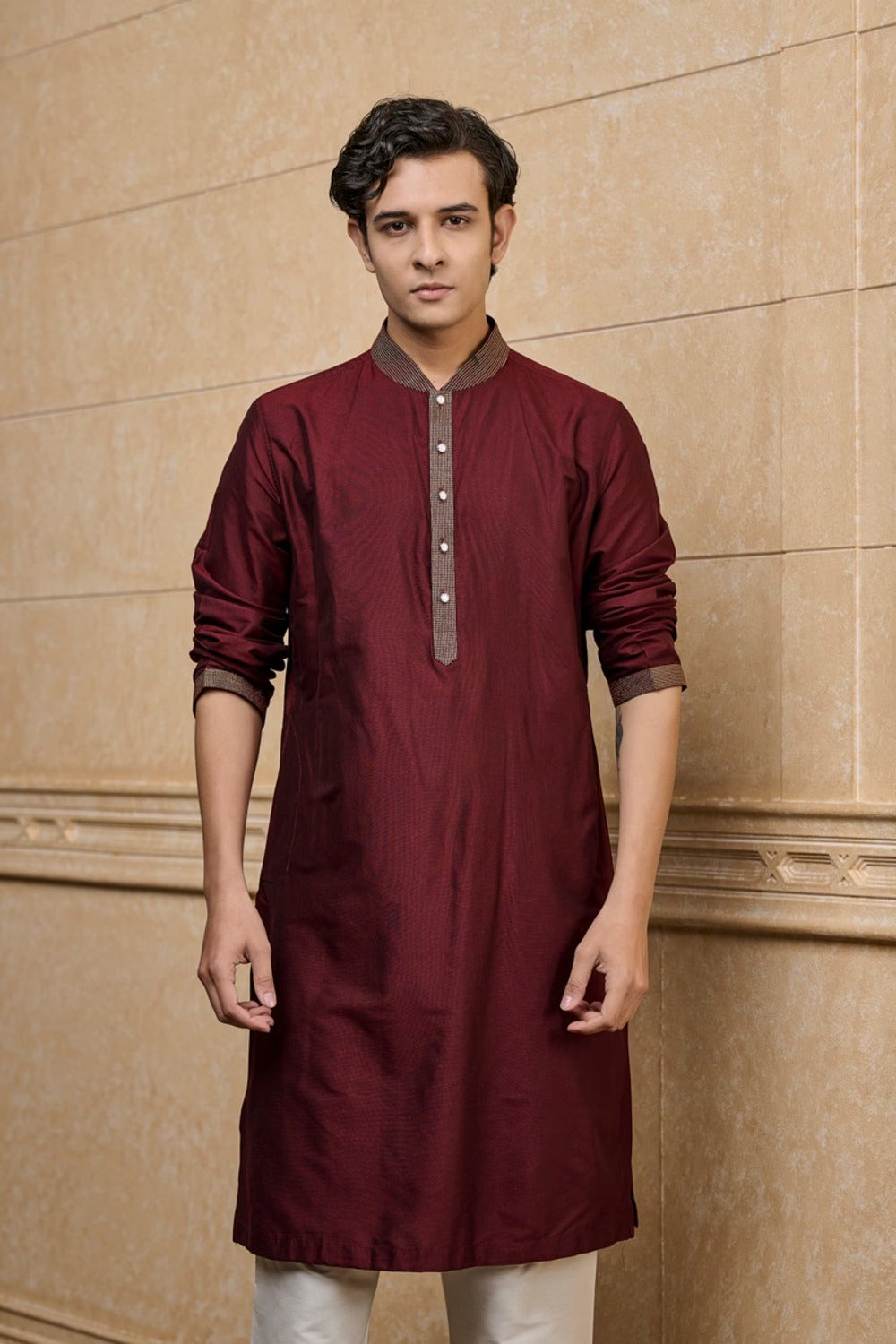 Wine Brocade Kurta Bundi Set