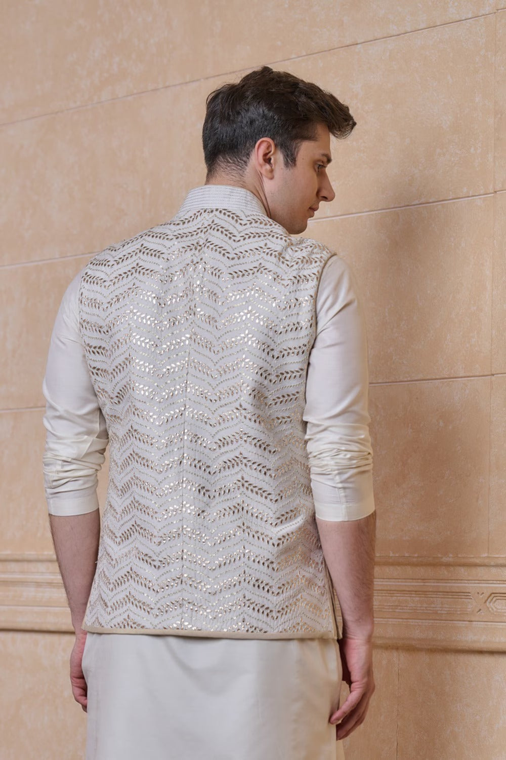 Ivory All Over Embroidered Single Bundi