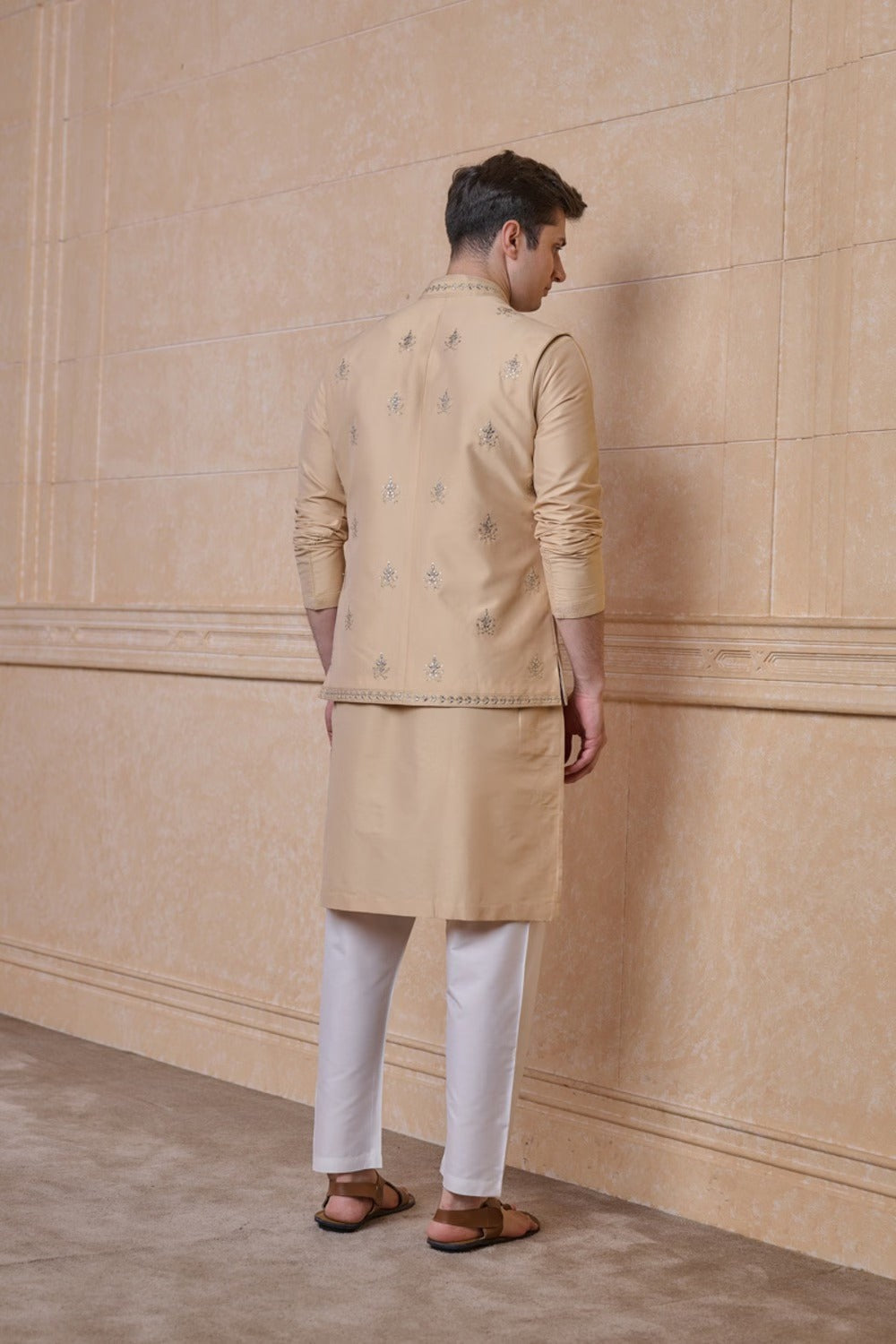 Beige All Over Embroidered Kurta Bundi Set