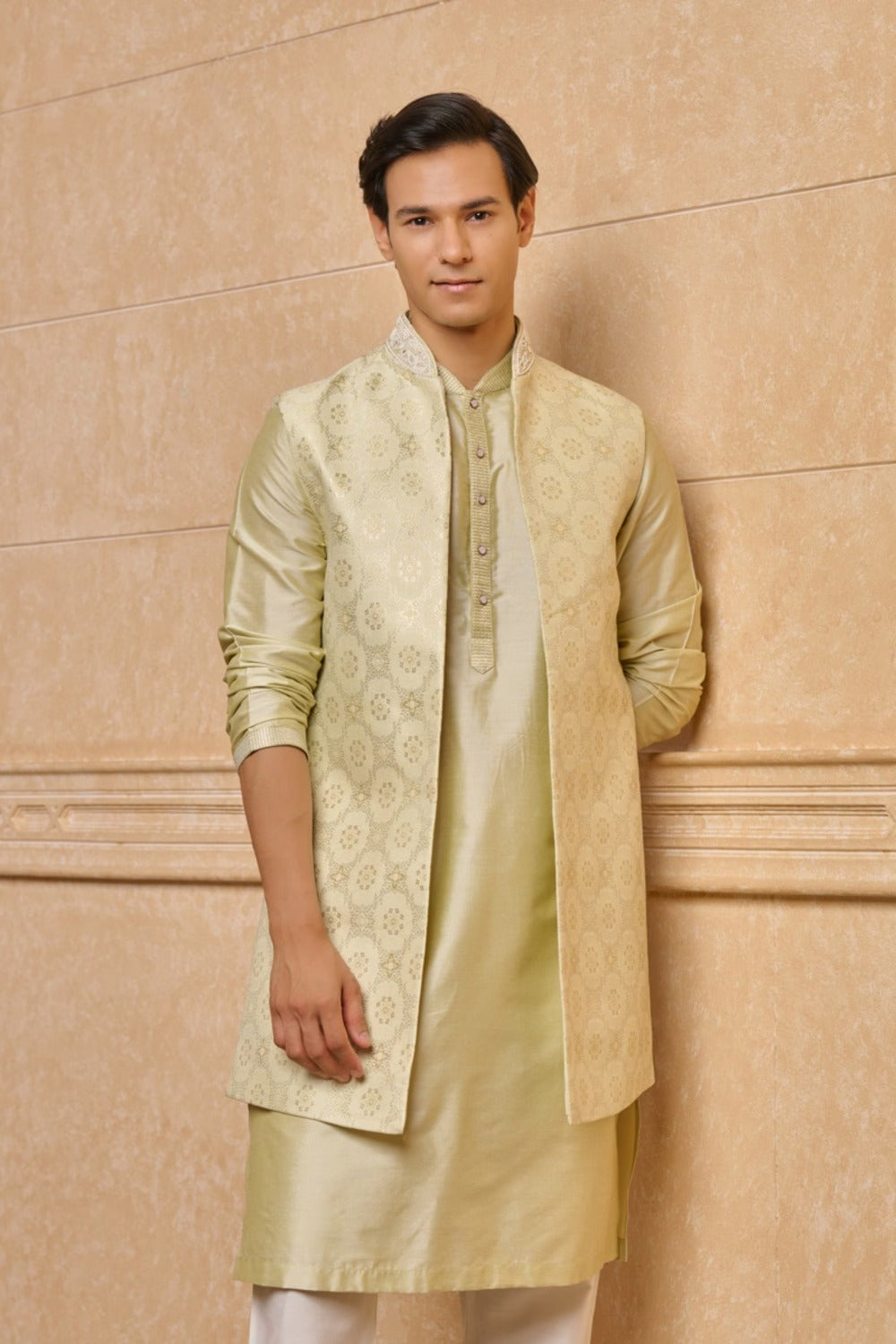 Light Green Long Open Kurta Bundi Set